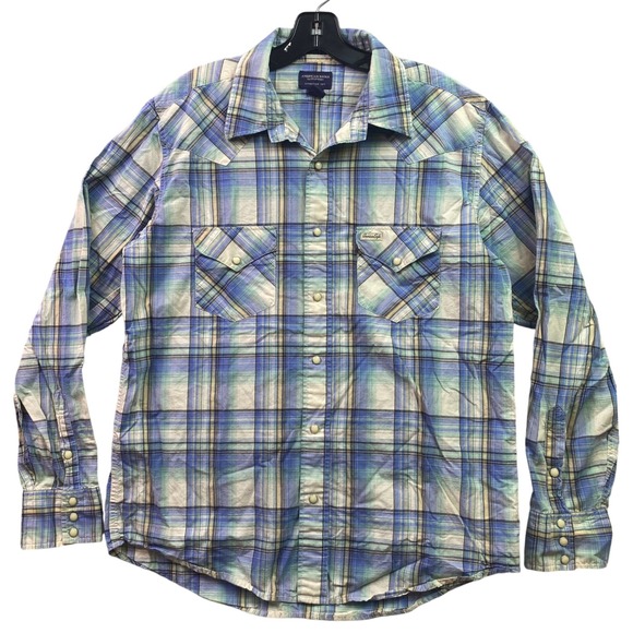 American Eagle Shirt Mens Large Western Plaid Pearl Snap Country Grunge Rodeo - Picture 1 of 8